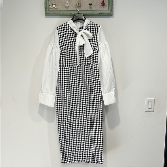 SHEIN Modely Tie Neck Bishop Sleeve Houndstooth 2 In 1 Dress office medium - Picture 2 of 8
